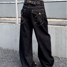 批发美式口袋刺绣弯刀<b class='q'>牛仔裤</b>男<b class='q'>女</b>2026春季新款高腰宽松直筒阔腿长裤子