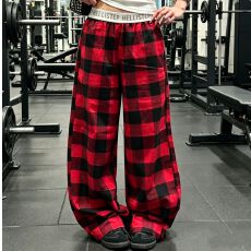 批发大码美式复古腰头拼接蓝色格子裤男女新款格纹宽松显瘦直筒<b class='q'>长裤</b>子