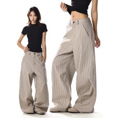 批发美式老钱风条纹西裤<b class='q'>男</b>女春秋复古垂感休闲弯刀裤宽松通勤西装长裤