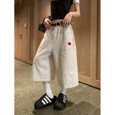 批发原创自制美式波点阔腿七分裤女夏季白色宽松大口袋休闲裤