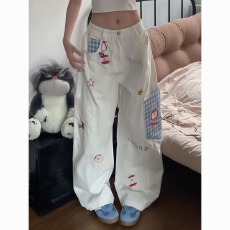 批发美式复古小狗刺绣设计牛仔裤宽松格子拼接口袋阔腿<b class='q'>长裤</b>