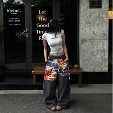 批发春秋美式复古水洗牛仔裤男女情侣宽松<b class='q'>休闲</b>百搭直筒印花阔腿长裤