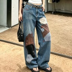 批发潮牌针缝牛仔裤<b class='q'>男</b>女拼接贴布修身小直脚裤重工刺绣痞帅个性长裤