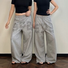 批发美式复古金属烫钉阔腿卫裤男女秋季宽松百搭baggy休闲<b class='q'>运动</b>裤潮流