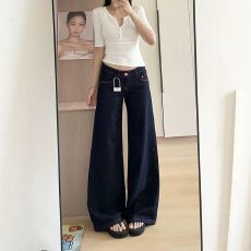 批发胖mm<b class='q'>大码</b>撞色设计感牛仔裤女秋季新款低腰宽松显瘦直筒阔腿<b class='q'>长裤</b>
