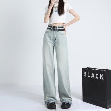 批发美式复古摩卡灰阔腿牛仔裤2026<b class='q'>夏</b>季薄款宽松做旧垂感直筒拖地裤