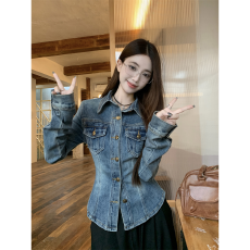 批发复古蓝色长袖<b class='q'>衬衫</b>外套女秋季修身收腰牛仔<b class='q'>衬衣</b>设计感气质开衫上衣