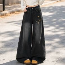 批发<b class='q'>牛仔裤</b><b class='q'>女</b>夏季2026新款美式复古星星印花宽松直筒水洗做旧阔腿裤子