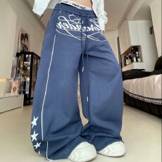 批发2026美式复古字母印花设计感牛仔裤男女宽松休闲百搭直筒<b class='q'>长裤</b>