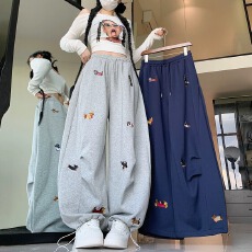 批发秋季新款卡通刺绣弯刀卫裤女春秋宽松直筒阔腿裤<b class='q'>百搭</b>运动休闲长裤