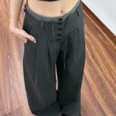 批发复古垂感条纹休闲西裤男女排扣高级设计感绑带阔腿裤子潮时尚潮流