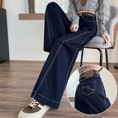 今年流行加绒阔腿牛仔裤女2026秋冬加绒丹宁蓝弹力直筒拖地裤
