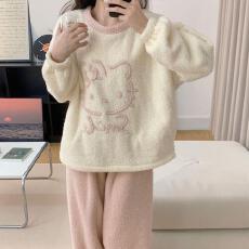 量大价优25年冬季长毛加厚睡衣女套装直播高品家居圆领卡通半边绒