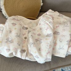 批发萌趣木马兔针织夹棉睡衣女卡通可爱空气棉感夹层秋冬款家居服官方