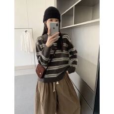 韩系撞色条纹polo领长袖针织衫女秋冬穿搭小众设计感短款单穿上衣