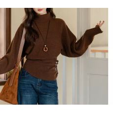 设计感高领长袖针织衫女秋冬韩系穿搭气质收腰修身显瘦蝙蝠袖毛衣