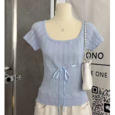 批发2026系带镂空短袖针织衫女春法式纯欲气质温柔风修身显瘦短款上衣