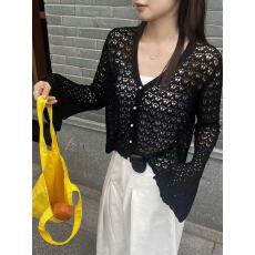 批发高级感纯色镂空针织外套<b class='q'>女</b>2026春季韩版新款v领长袖宽松洋气上衣