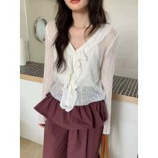 批发2026荷叶花边设计感修身<b class='q'>针织</b>打底衫女温柔风微透外穿毛衣<b class='q'>开衫</b>外套