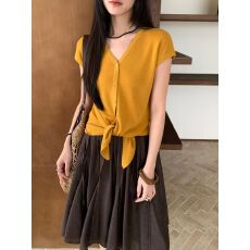 批发韩系V领系带短袖T恤女2026年春季新款时尚显瘦百搭通勤上衣女ins