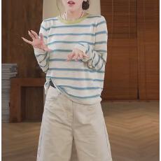 批发韩系条纹圆领长袖内搭T恤女士春季新款高级好看宽松<b class='q'>休闲</b>打底上衣