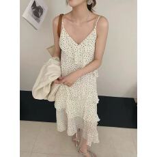 批发韩系V领波点荷叶边设计吊带连衣裙2026春季新款女甜美风叠穿长裙