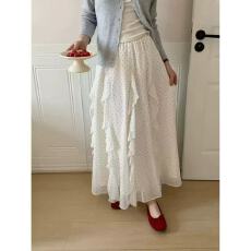 批发韩系减龄不规则荷叶边波点<b class='q'>半身裙</b>女中<b class='q'>长款</b>垂感休闲A字褶皱大摆裙