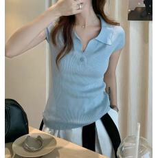 批发2026春季新款老钱风小v领polo针织衫女一粒扣翻领短袖T恤正肩上衣