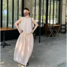 批发韩系chic夏季简约气质宽松百搭无袖背心衬衫+松紧腰A字半身裙套装