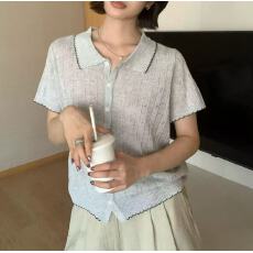 批发韩系拼色娃娃领镂空短袖<b class='q'>针织</b>衫<b class='q'>女</b>2026新款夏季减龄单排扣显瘦上衣