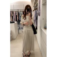 批发高级灰露肩一字领套装裙女<b class='q'>夏</b>2026新款收腰显瘦气质超火穿搭一整套