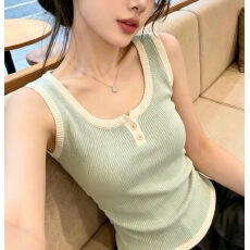 批发自留款推荐~撞色u领无袖针织吊带背心女夏季新款甜美修身减龄上衣