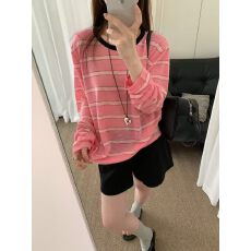 批发复古拼色条纹圆领长袖T恤女春夏宽松休闲防晒罩衫外搭设计感上衣