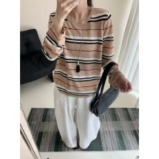 批发2026新款韩系老钱风撞色条纹防晒针织套头罩<b class='q'>衫</b>女夏季薄款宽松上衣