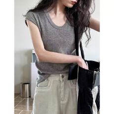 批发极简<b class='q'>轻熟</b>风温柔U领短袖针织衫女夏季时尚休闲修身显瘦气质上衣潮