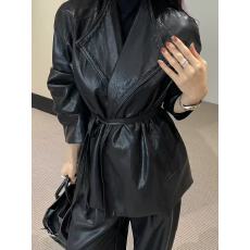 批发2026年秋季新款气质高级感立领系带皮衣外套女中长款收腰显瘦<b class='q'>通勤</b>