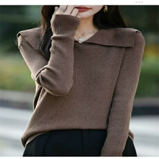 批发法式气质大翻领精纺细毛针织衫女2025新款宽松保暖显瘦打底衫毛衣