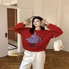 批发新年氛围感圆领手工亮片圣诞提花宽松长袖针织