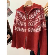 批发费尔岛双拉链翻领针织开衫毛衣外套女士可外穿内搭上衣