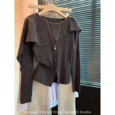 批发女装韩系穿搭灰色荷叶边针织衫2025<b class='q'>秋</b>款开叉下摆长袖上衣