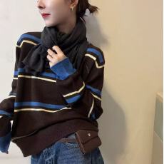 批发大码女装撞色条纹圆领针织衫毛衣女秋冬季新款胖妹妹内搭打底上衣