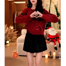 批发小香风红色氛围感穿搭针织衫2025年早春新款毛衣短款宽松上衣女装