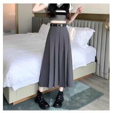 批发灰色西装百褶半身裙女小个子穿搭巨好看高腰a字垂坠感中长款裙子