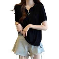 批发大码韩版拉链遮肚子短袖冰丝针织衫夏季胖妹妹显瘦正肩连帽<b class='q'>打底衫</b>