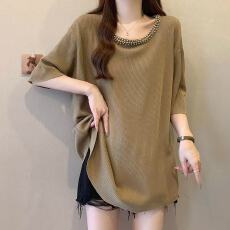 批发薄款短袖冰丝针织T恤女夏季<b class='q'>大码</b>胖mm显瘦中长款遮肚子<b class='q'>打底衫</b>上衣