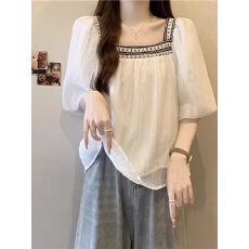 批发民族风方领<b class='q'>泡泡袖</b>雪纺短袖衬衫女夏季大码胖mm遮肚小衫娃娃衫上衣