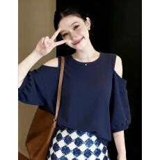 批发大码设计感纯欲露肩短袖t恤女夏季新款胖mm宽松遮肉显瘦别致上衣