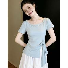 批发蓝色正肩短袖T恤女夏2026夏季新款不规则下摆开叉显瘦体恤短上衣