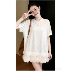 批发小众重工水钻网纱拼接白色连衣裙女夏别致半袖宽松显瘦气质T恤裙