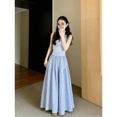 批发复古蓝色格子半身<b class='q'>裙</b>女2026春夏高腰百褶a字<b class='q'>裙</b>长<b class='q'>裙</b><b class='q'>伞</b><b class='q'>裙</b>